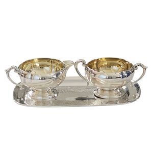 Primrose Plate 750 Silver Plate 3 Pc Creamer Sugar Bowl Tray E P Copper